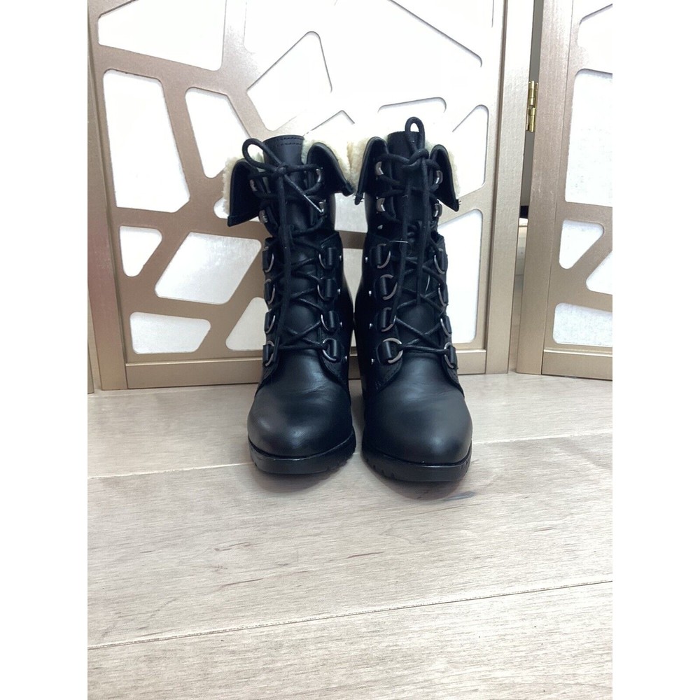 Sorel Women After Hours Lace Up Shearling Black Leather Wedge Boots fur collar 7 - Picture 8 of 11